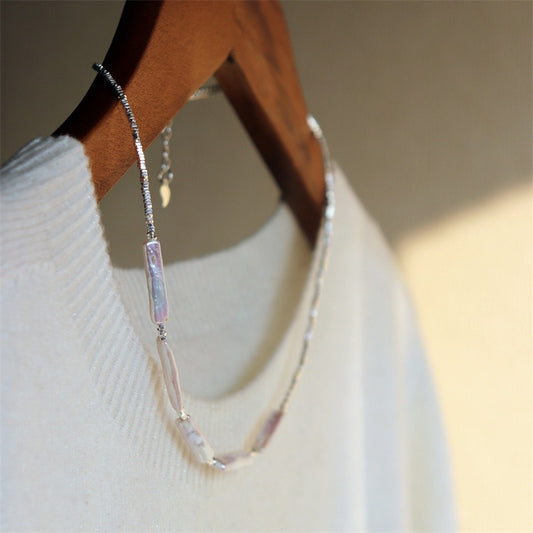 303-Irregular Freshwater Pearl and Silver Bead Bar Necklace