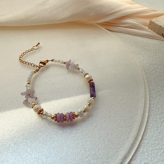 304-Natural Freshwater Pearl and Irregular Purple Glass Bracelet