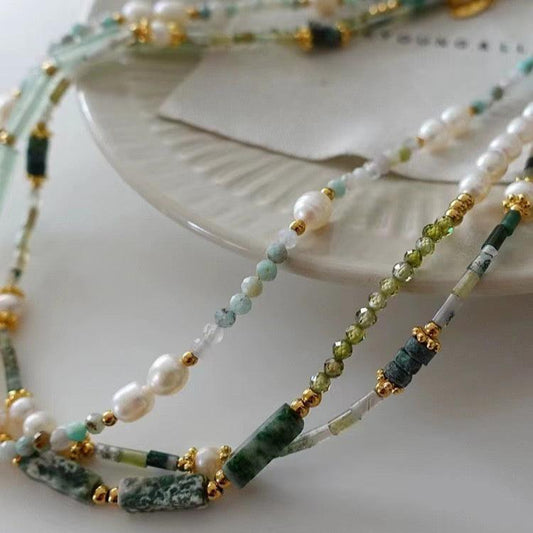 314-Design of Pearl Beaded and Natural Stone Choker Necklace